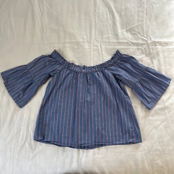 Abercrombie Blue Pink Stripe Off Shoulder Boho Stripe 1/2 Sleeve Shirt | Size s - Picture 5 of 6